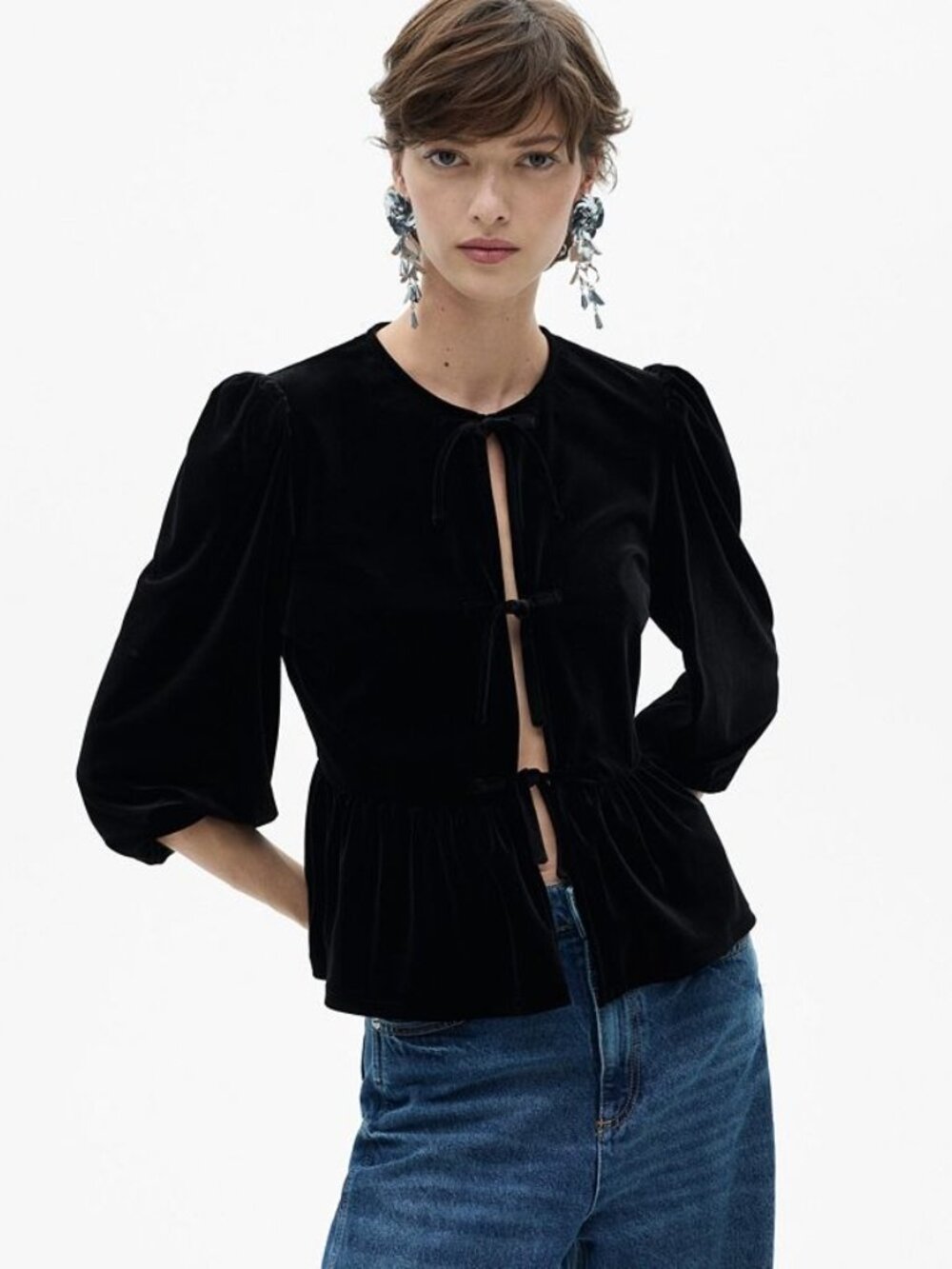 2/$30 NWT MNG Mango Bows Detail Velvet Blouse Black 6 #A4005
